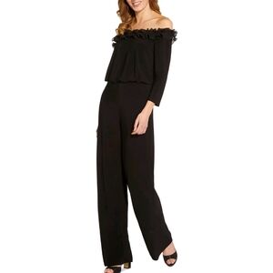 Adrianna Papell Womens Black Ruffled Off The Shoulder Wide Leg Jumpsuit Size 14